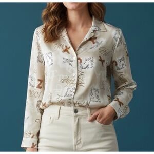 CITY SILK Button Down Long Sleeve Ivory Beige Tan Printed Blouse Sz M